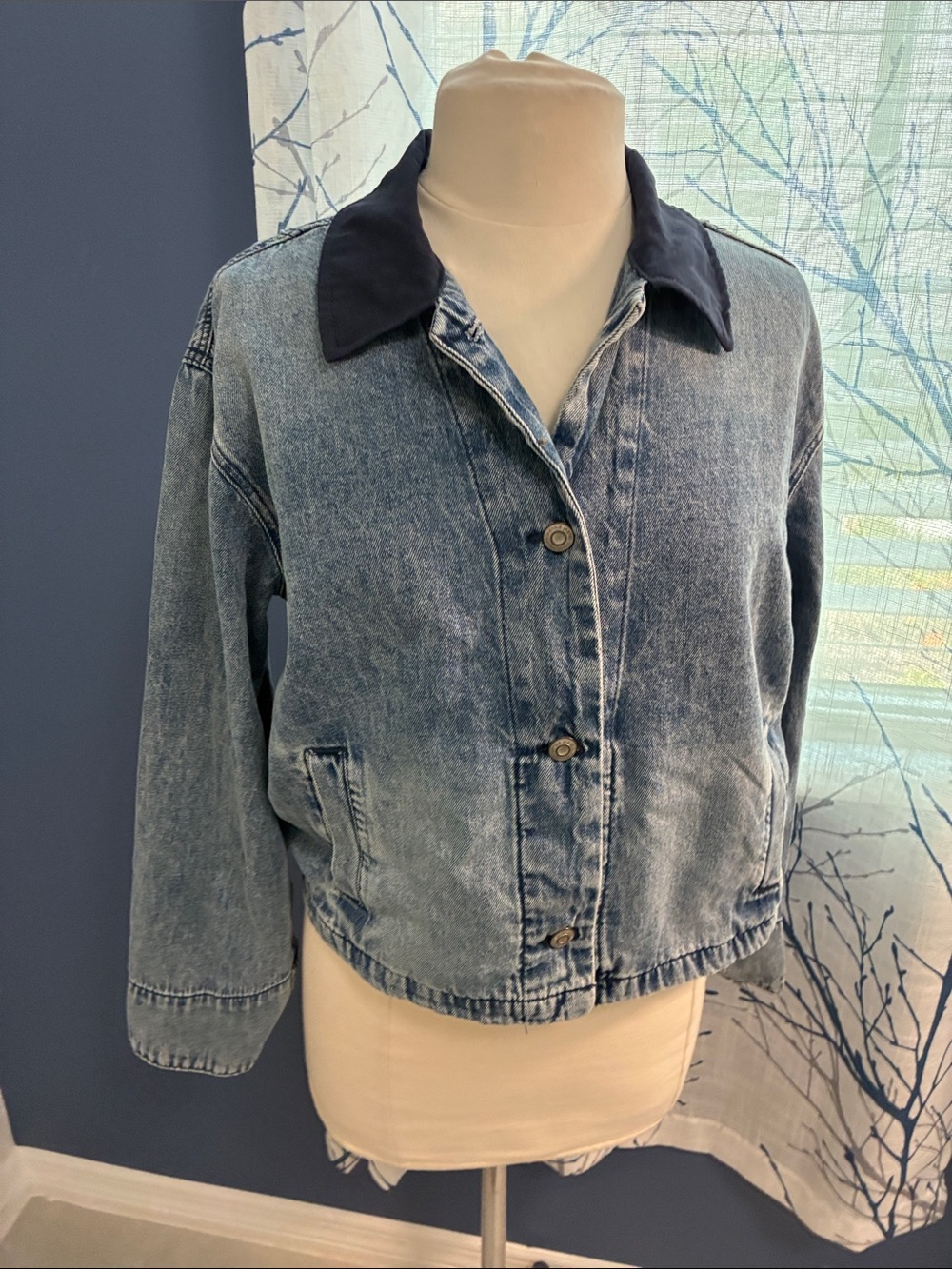 Kensie Denim Button-Front Jacket with Contrast Collar - Blue